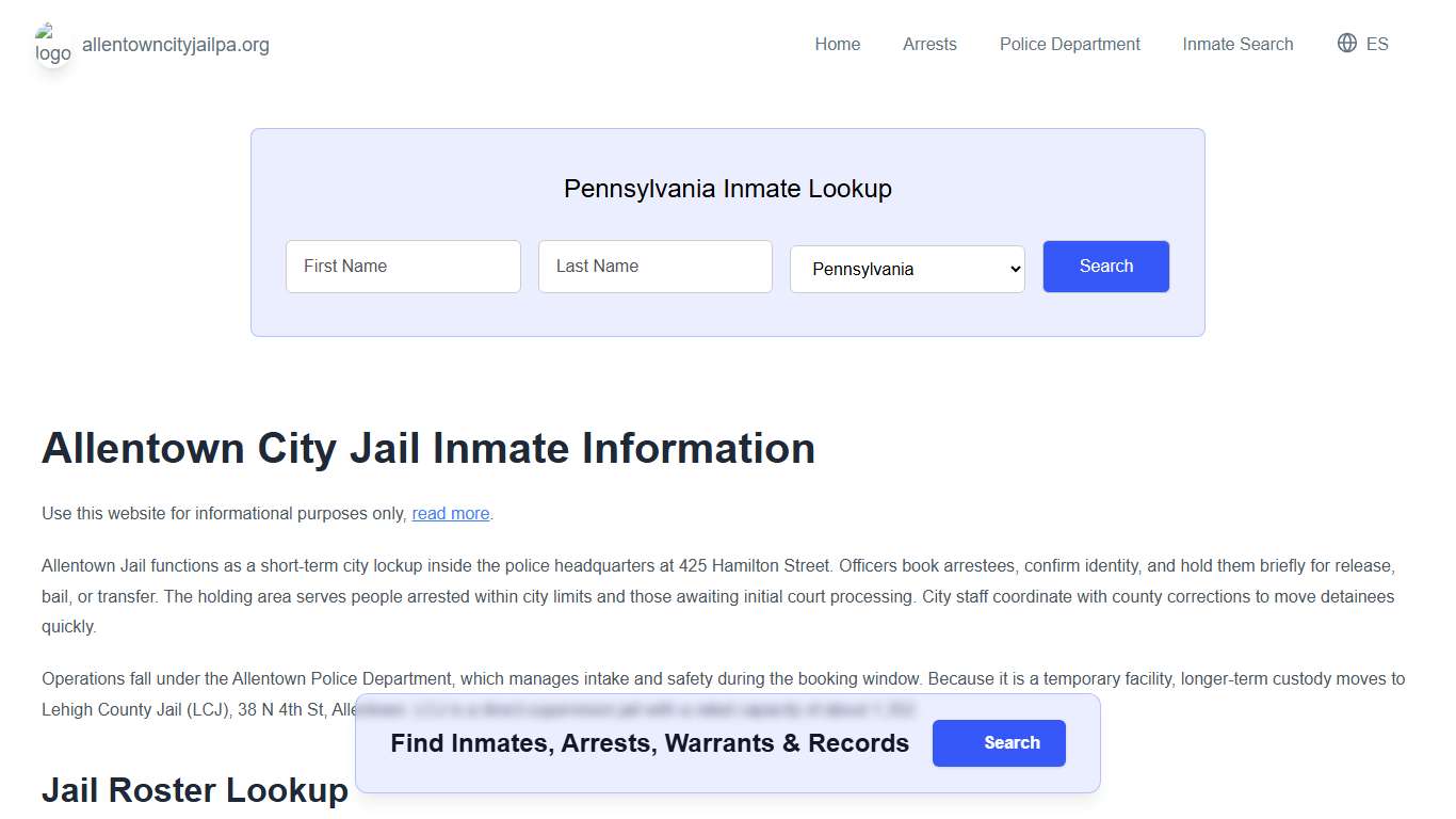 Allentown Jail, PA Inmate Roster, Municipal Jail Info