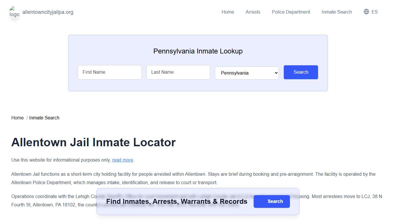 Allentown, PA Municipal Jail Inmate Search