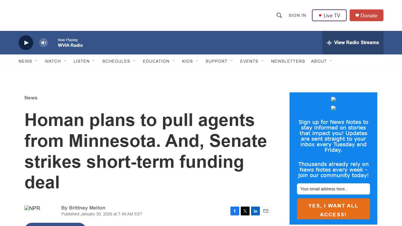 Homan plans to pull agents from Minnesota. And, Senate strikes short-term funding deal